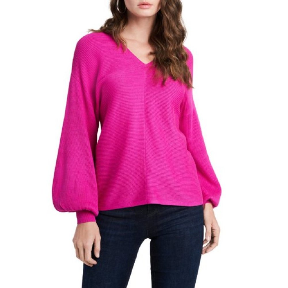 NWT 1.STATE Ribbed Balloon Puff Long Sleeve V-Neck Sweater Party Pink Small